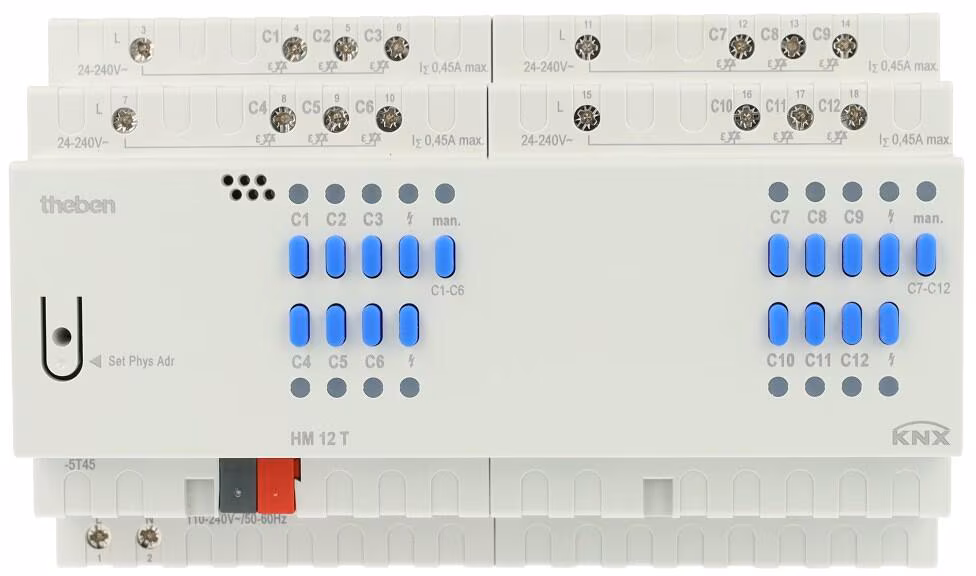 Theben HM 12 T KNX Actionneur de chauffage 12 voies, rail REG/DIN/rail chapeau, 12 régulateurs intégrés, 24-240 V AC, actionneurs thermiques, continu/commuté, confort, veille, nuit, protection gel/chaleur, KNX TP 4940245