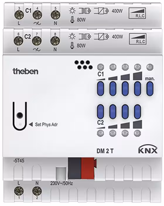 Theben DM 2 T KNX - Actionneur de gradation 2 canaux, rail DIN, 5-400 W LED/canal, 800 W en parallèle, détection de charge