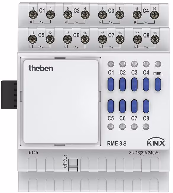 Theben RME 8 S KNX Actionneur de commutation (module d'extension MIX2) 8 voies, rail DIN/rail Hutschiene, 8 canaux, 16 A 140 µF, 600 W LED/canal, 800 A/200 µs, fonction impulsion, KNX Data Secure, KNX TP 4930225