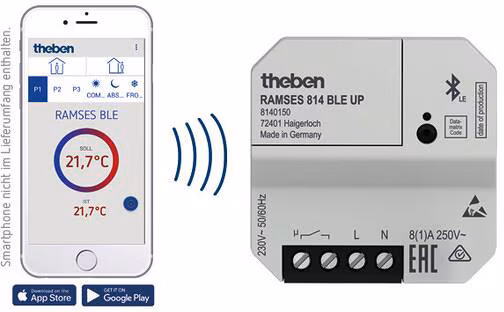 Theben RAMSES 814 BLE UP Thermostat numérique programmable hebdomadaire, 230 V, App, encastré, thermostat d'ambiance, Bluetooth, entrée externe (capteur de sol, ...), régulateur tout-ou-rien avec durée d'impulsion/hystérésis, chauffages On/Off, régulation par zone/pièce individuelle, chauffage électrique 8140150