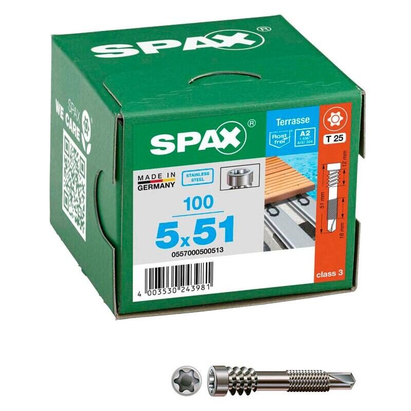 SPAX® Vis pour terrasse T25 tête cylindrique A2 5 x 51 mm 1 boîte = 100 pièces — lot de 100 pièces