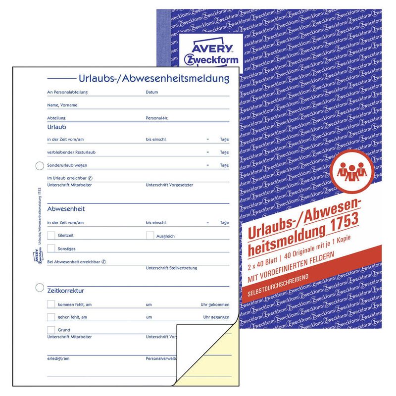 AVERY Zweckform Carnet de formulaires pour avis d'absence vacances DIN A5 2x 40 pages