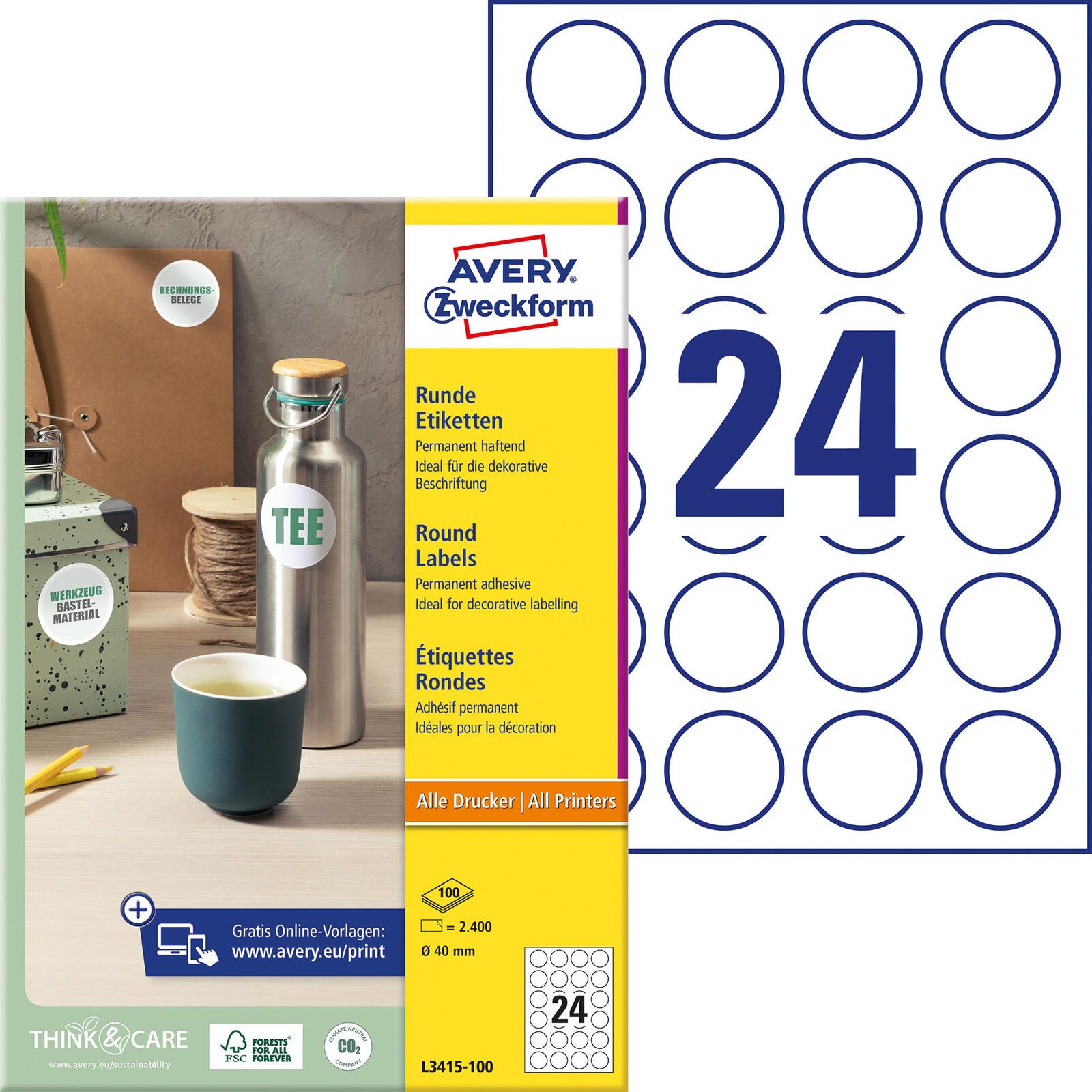 AVERY Zweckform Étiquettes L3415-100 blanc 40,0 x 40,0 mm 1 boîte = 100 feuilles