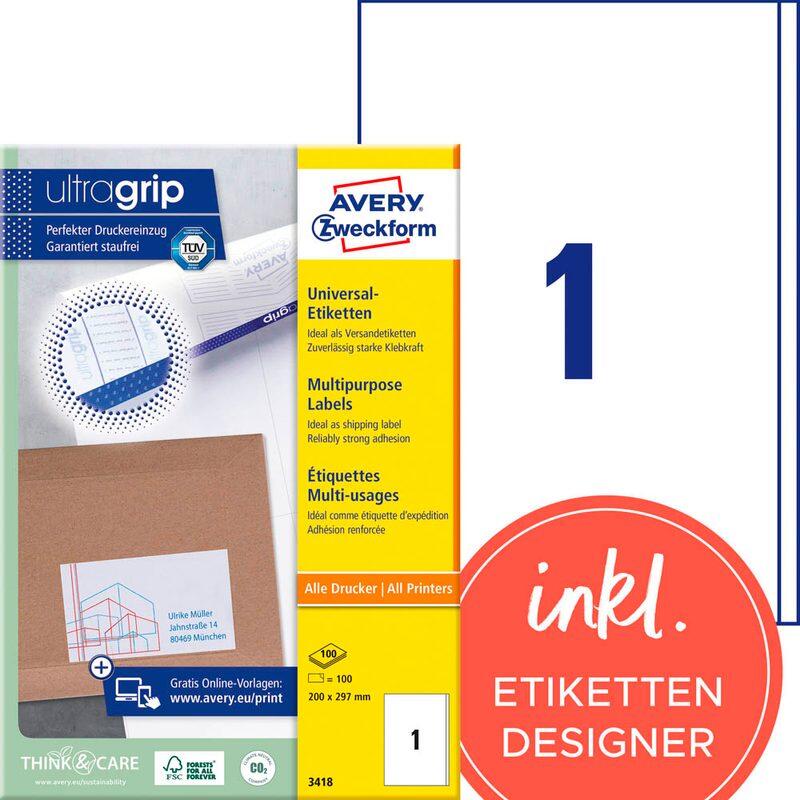 AVERY Zweckform Étiquettes 3418 blanc 200,0 x 297,0 mm 1 boîte = 100 feuilles — lot de 100