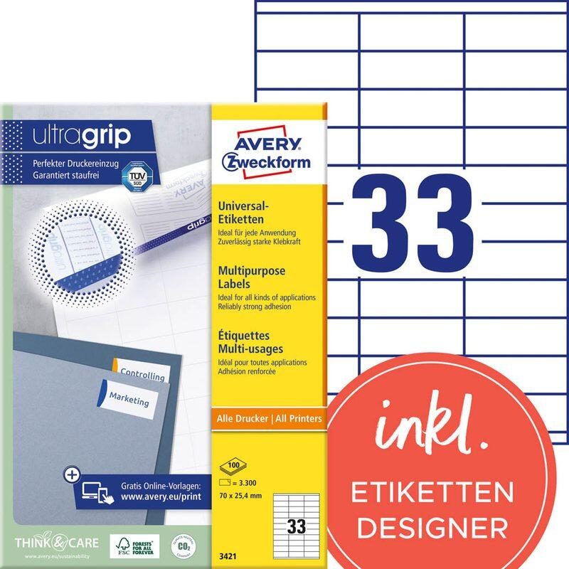 Étiquettes Avery Zweckform 3421 blanc 70,0 x 25,4 mm 1 boîte = 100 feuilles