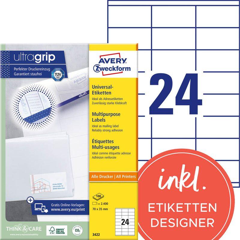 Étiquettes Avery Zweckform 3422 blanc 70,0 x 35,0 mm 1 boîte = 100 feuilles