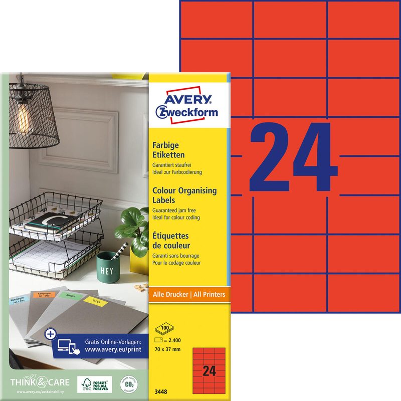 AVERY Zweckform Étiquettes 3448 rouge 70,0 x 37,0 mm 1 boîte = 100 feuilles — lot de 100