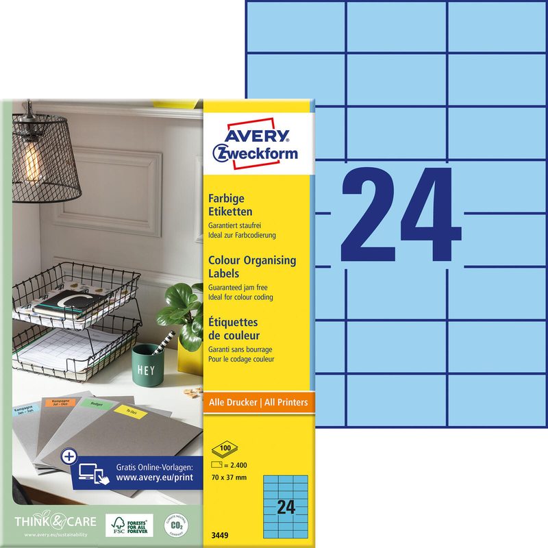 AVERY Zweckform Étiquettes 3449 bleu 70,0 x 37,0 mm 1 boîte = 100 feuilles — lot de 100