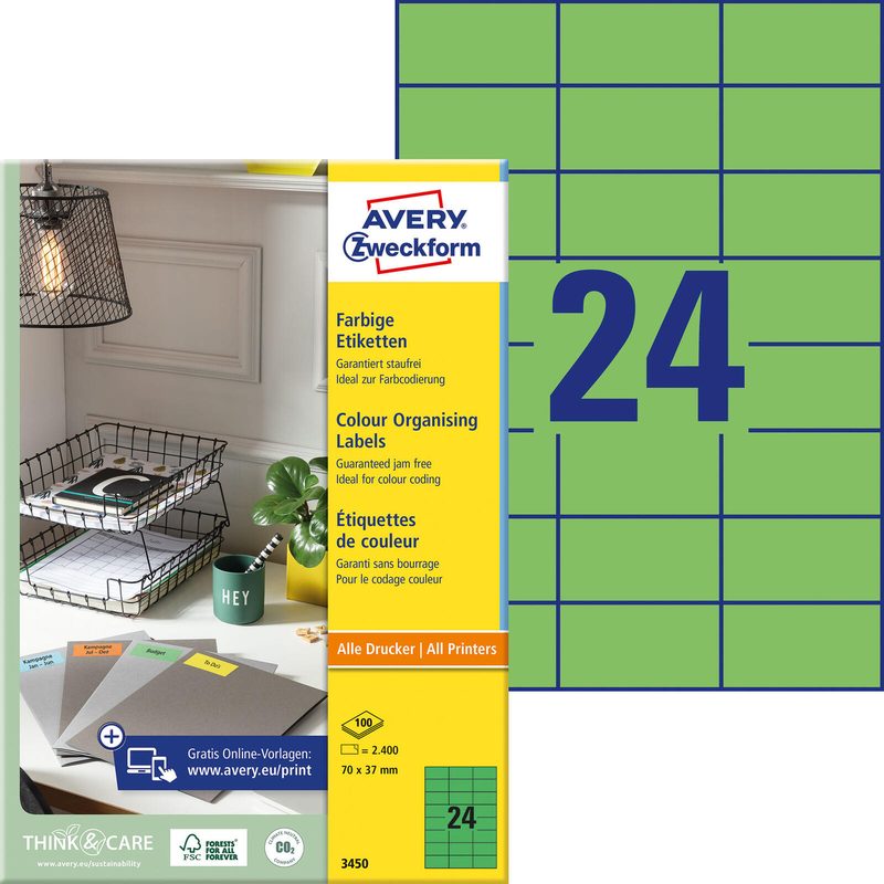 AVERY Zweckform Étiquettes 3450 vert 70,0 x 37,0 mm 1 boîte = 100 feuilles