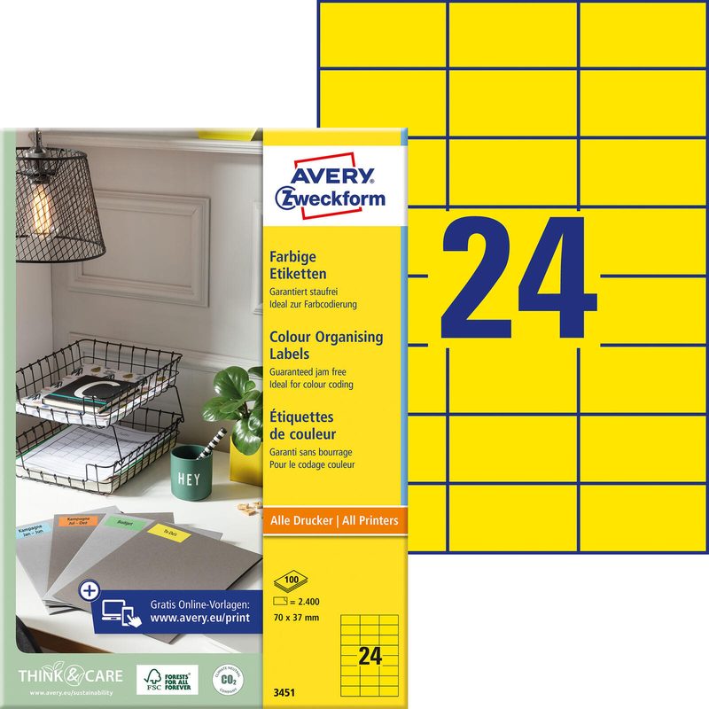 AVERY Zweckform Étiquettes 3451 jaune 70,0 x 37,0 mm 1 boîte = 100 feuilles