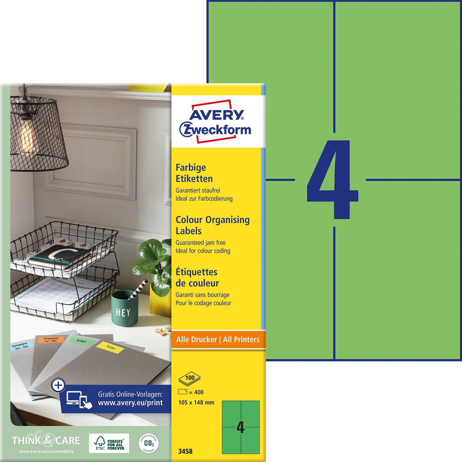 Étiquettes Avery Zweckform 3458 vert 105,0 x 148,0 mm 1 boîte = 100 feuilles