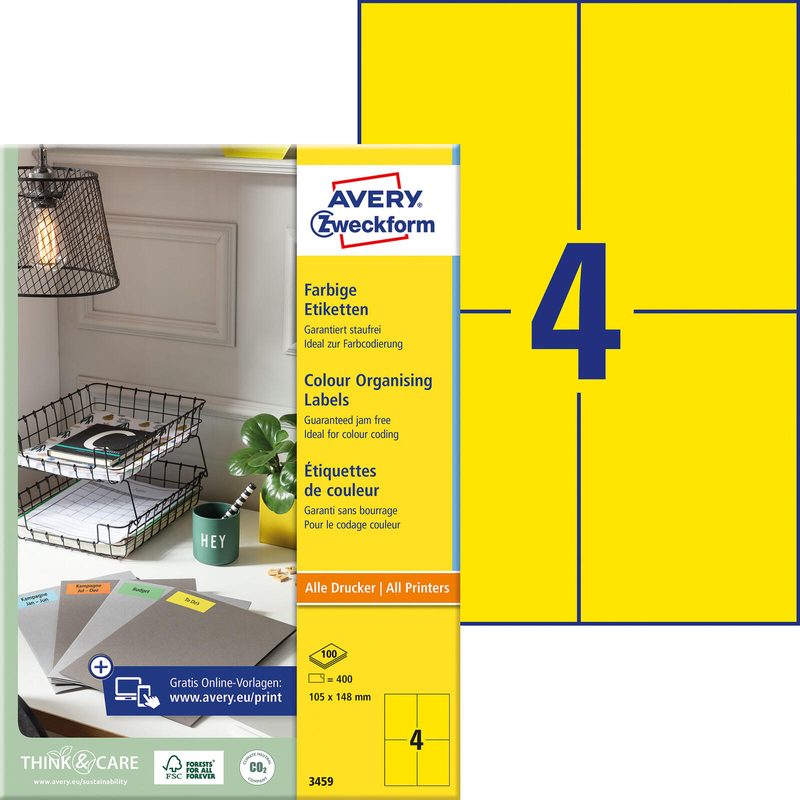 Étiquettes Avery Zweckform 3459 jaune 105,0 x 148,0 mm 1 boîte = 100 feuilles