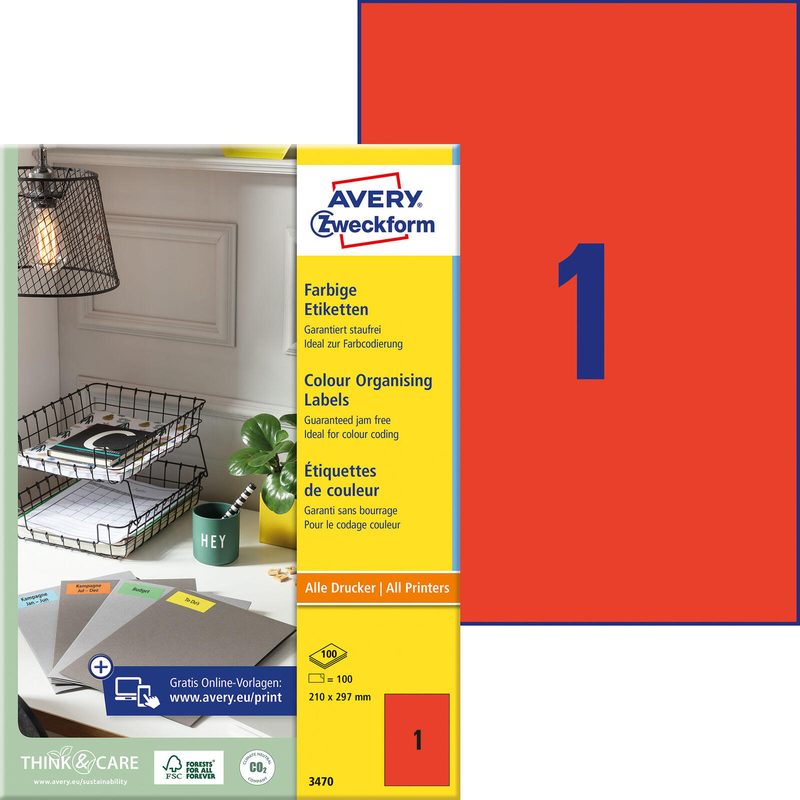Étiquettes Avery Zweckform 3470 rouge 210,0 x 297,0 mm 1 boîte = 100 feuilles — lot de 100