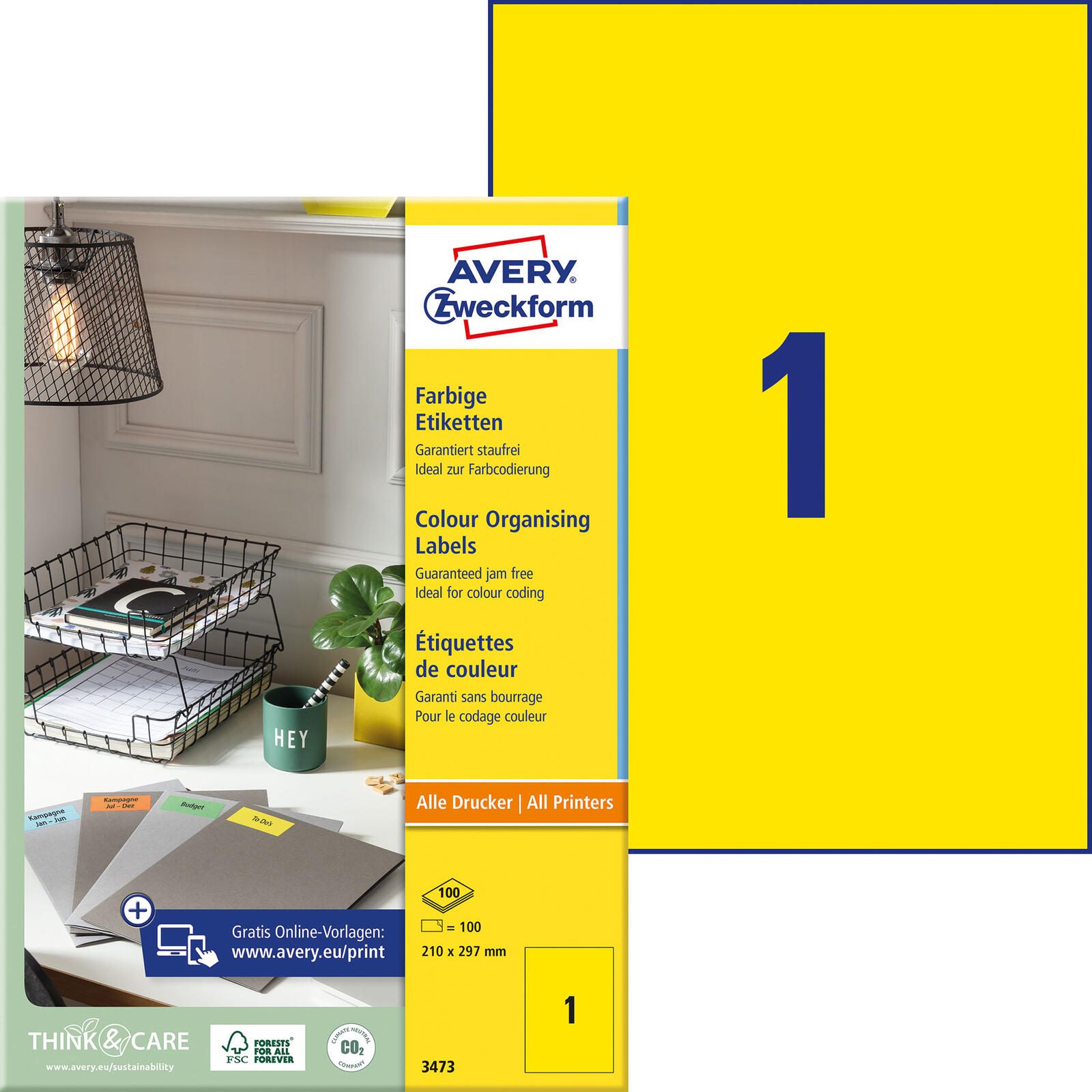 AVERY Zweckform Étiquettes 3473 jaune 210,0 x 297,0 mm 1 boîte = 100 feuilles — lot de 100