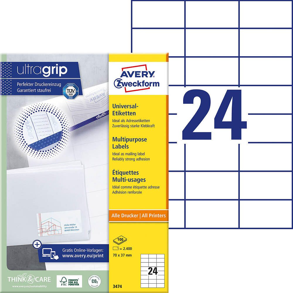 AVERY Zweckform Étiquettes 3474 blanches 70,0 x 37,0 mm - 2 400 unités — lot de 400 pièces