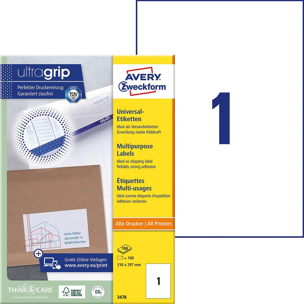 AVERY Zweckform Étiquettes 3478 blanc 210,0 x 297,0 mm - 100 unités — lot de 100 pièces