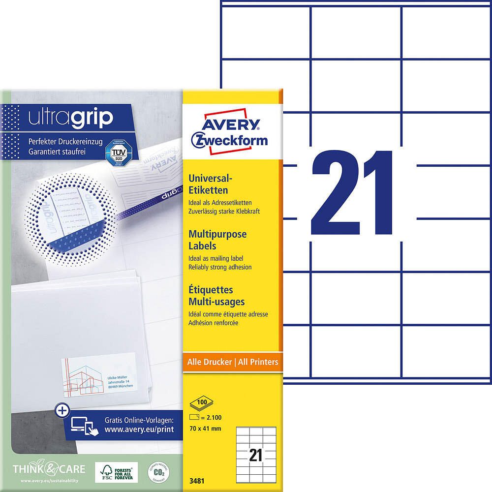 AVERY Zweckform Étiquettes universelles permanentes avec ultragrip, 70 x 41 mm, jet d'encre, laser N&B, laser couleur, A4