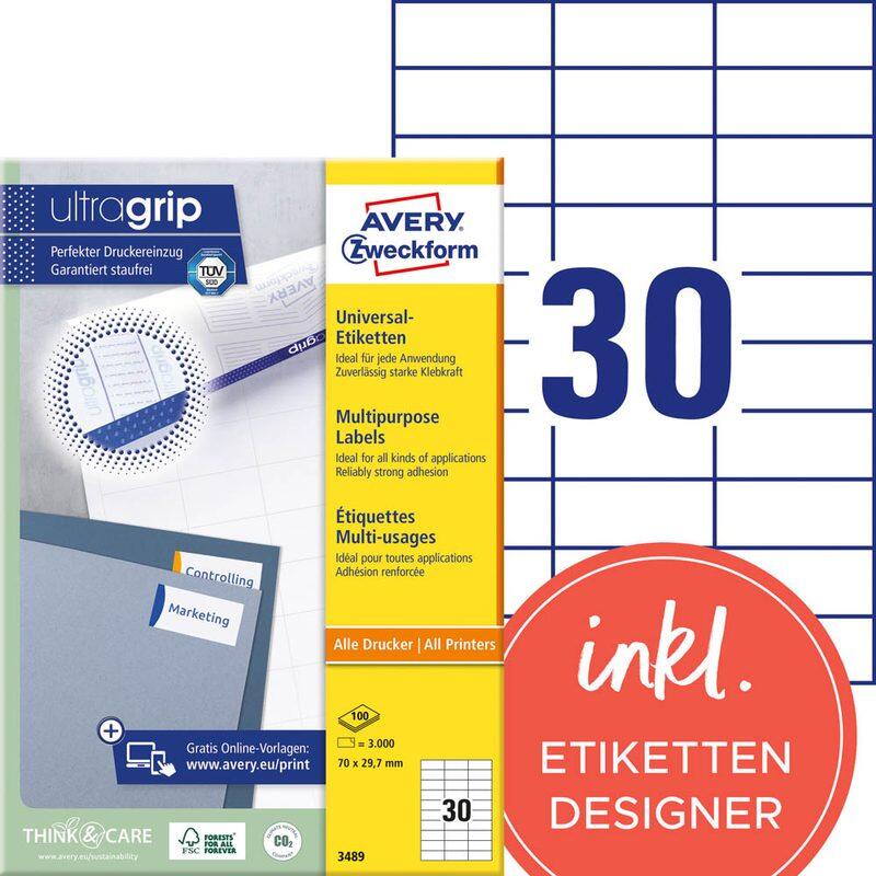 AVERY Zweckform Étiquettes 3489 blanc 70,0 x 29,7 mm 1 boîte = 100 feuilles