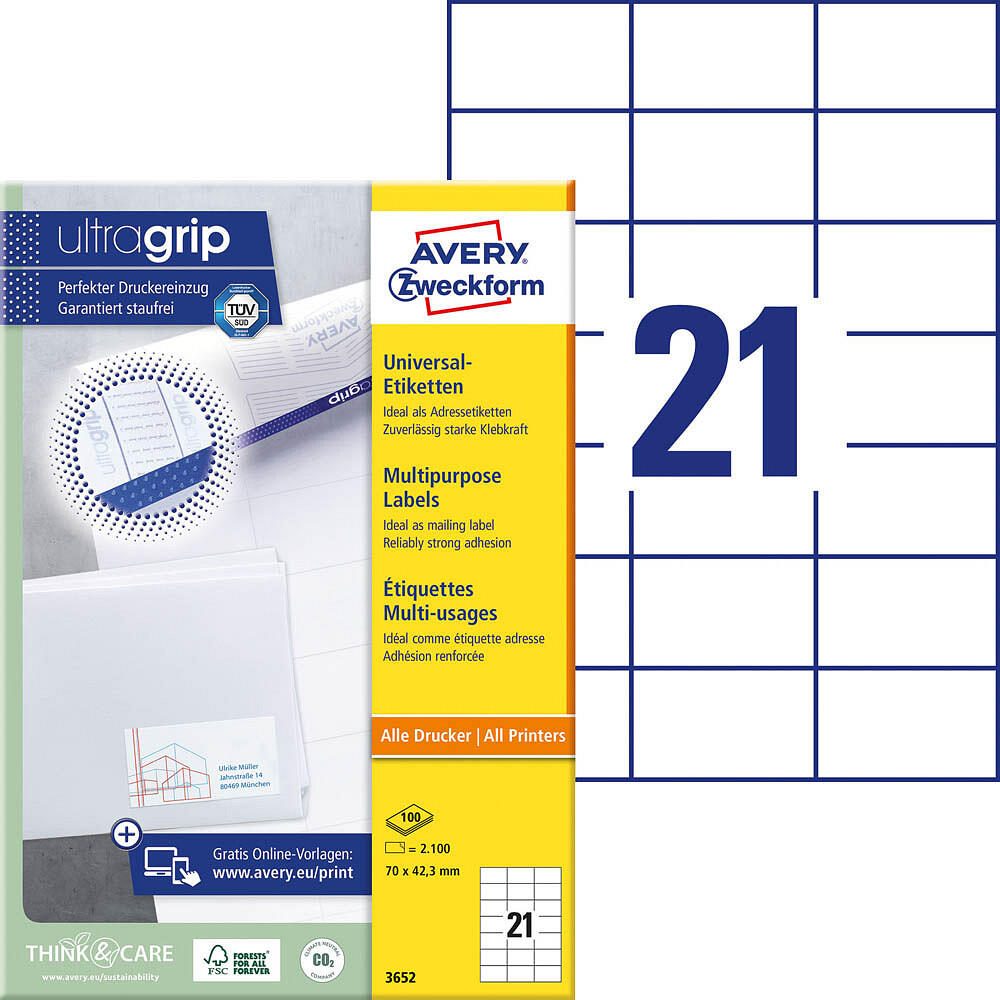 AVERY Zweckform Étiquettes 3652 blanc 70,0 x 42,3 mm - 2100 unités — lot de 100 pièces
