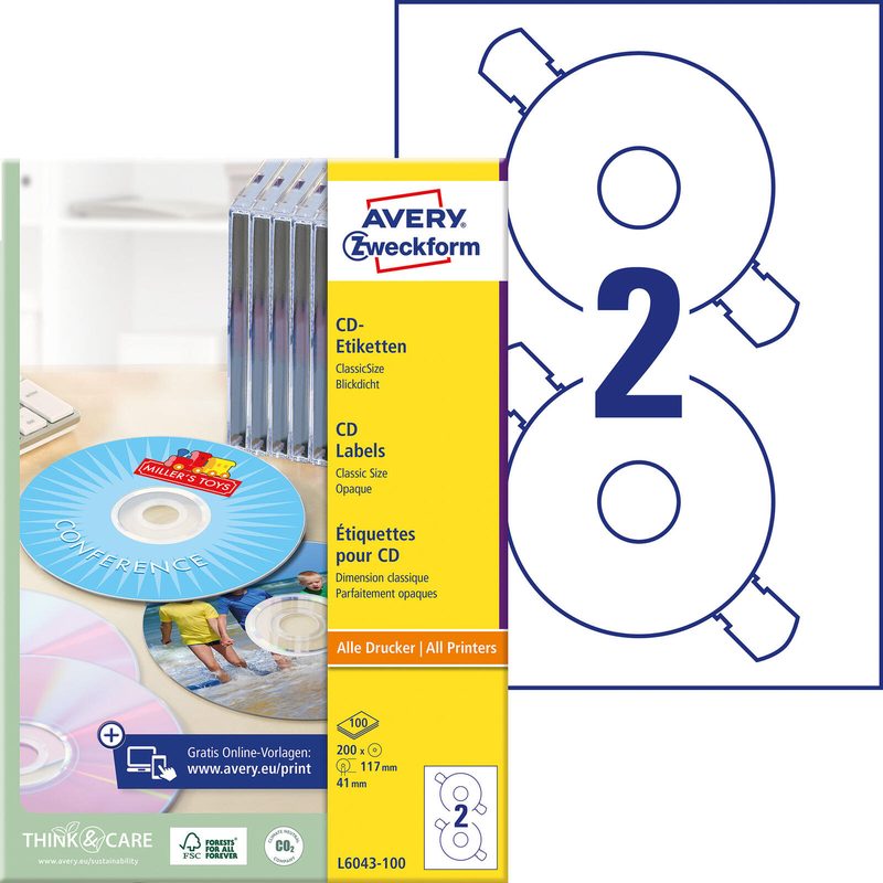 Avery Zweckform CD/DVD-Etikett L6043-100 mat blanc 200 étiquettes/paquet