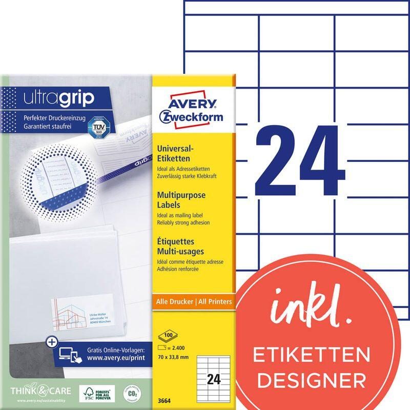 AVERY Zweckform Étiquettes 3664 blanc 70,0 x 33,8 mm - 1 pack = 100 feuilles — lot de 100