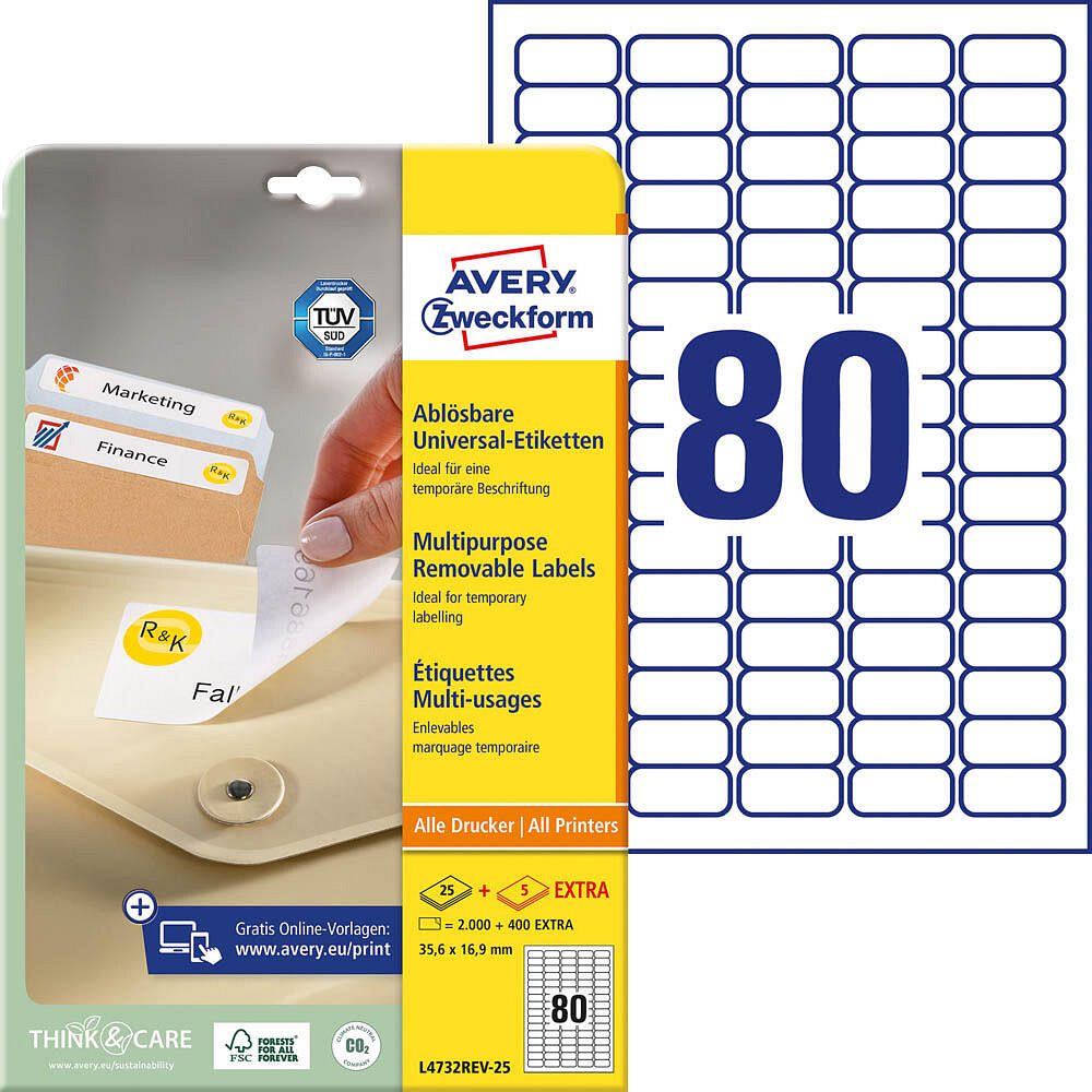 Étiquette Avery Zweckform L4732REV-25 35,6x16,9 mm blanc, 2 400 étiquettes/paquet