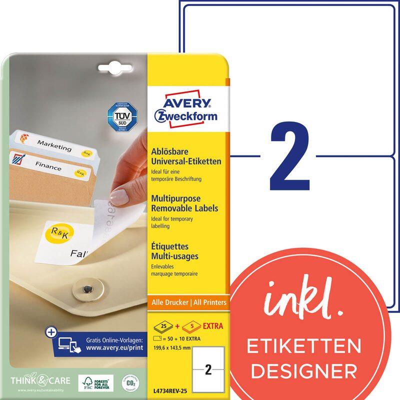 Avery Zweckform étiquette L4734REV-25 199,6x143,5mm blanc 60 pièces/paquet — lot de 60