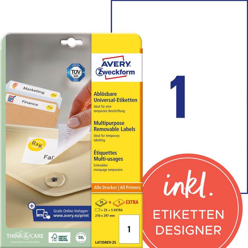Avery Zweckform étiquettes L4735REV-25 blanches 210,0 x 297,0 mm - 1 boîte = 30 feuilles — lot de 30