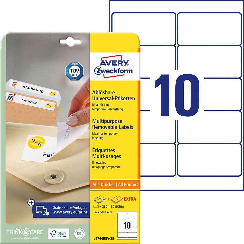 Étiquette Avery Zweckform L4744REV-25 96x50,8mm blanc 300 étiquettes/paquet