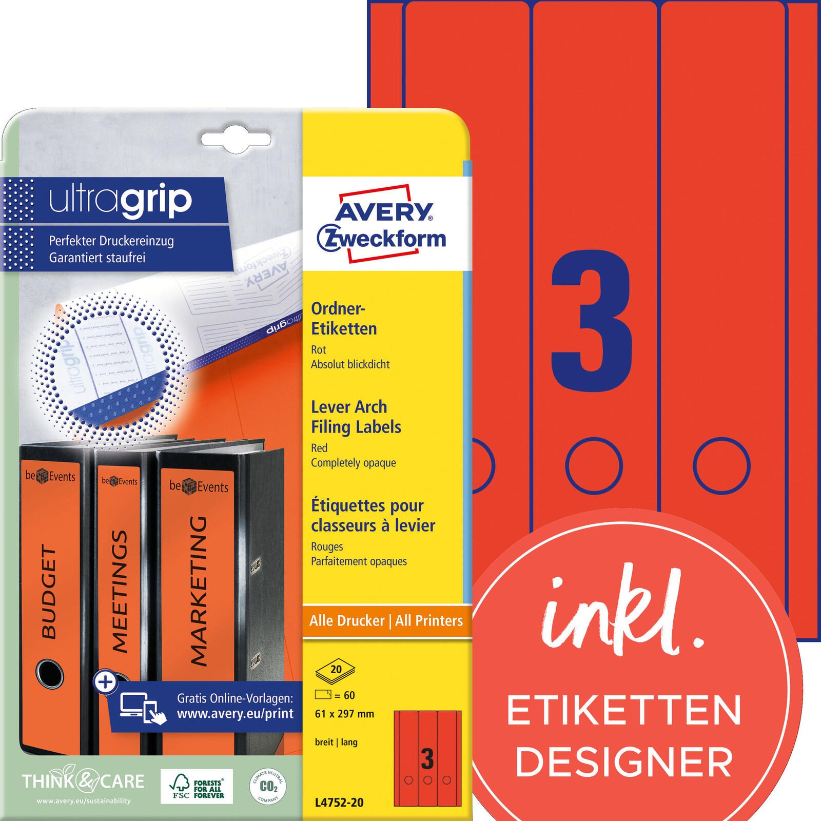 Avery Zweckform Étiquette pour classeur L4752-20 longue/large rt 60 pièces/boîte — lot de 60