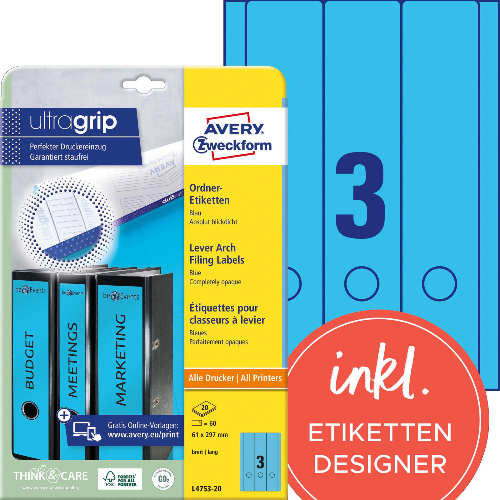 Étiquette pour classeur Avery Zweckform L4753-20 long/large bleu 60 pièces/paquet — lot de 60
