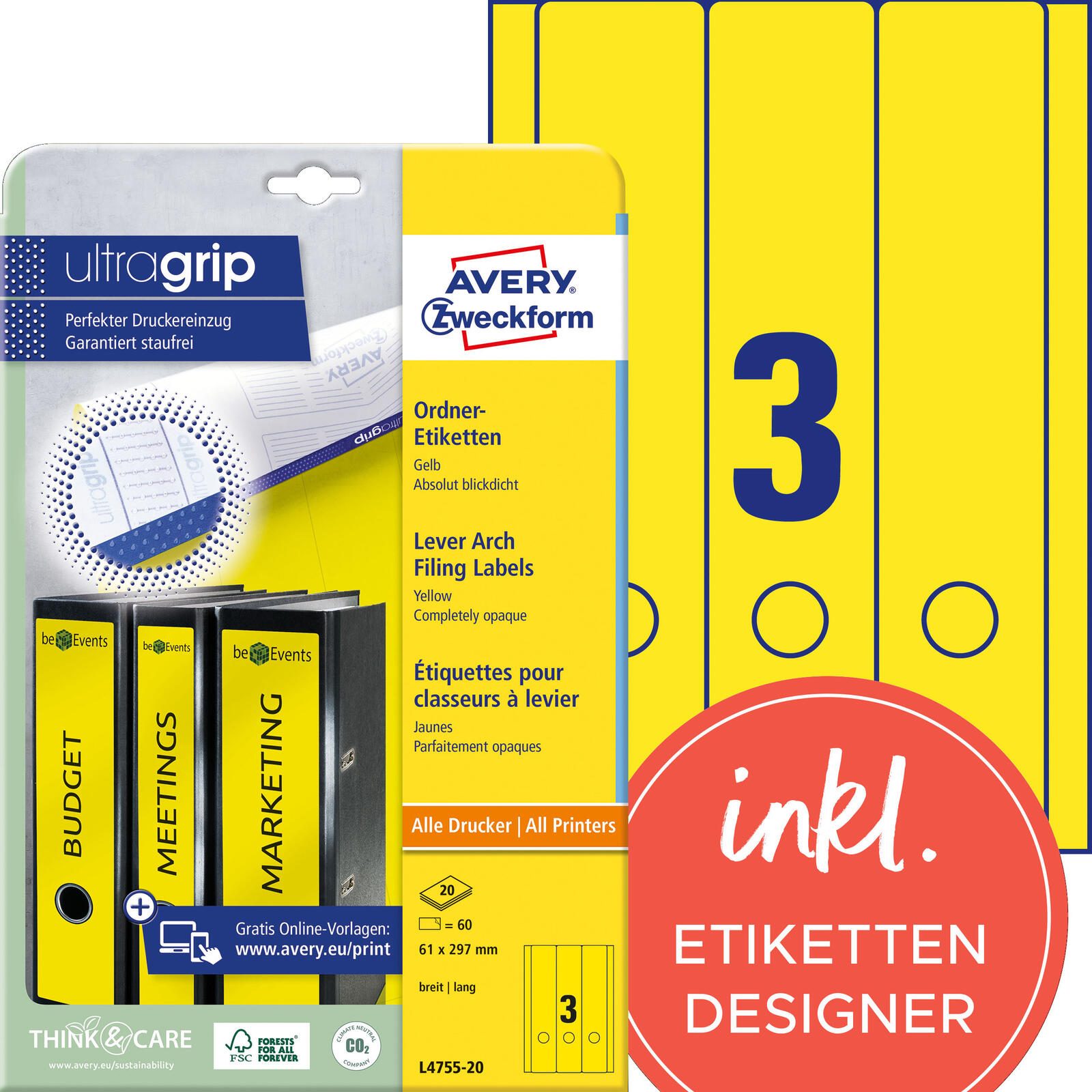 Étiquette pour classeur Avery Zweckform L4755-20 long/large jaune 60 pièces/paquet — lot de 60