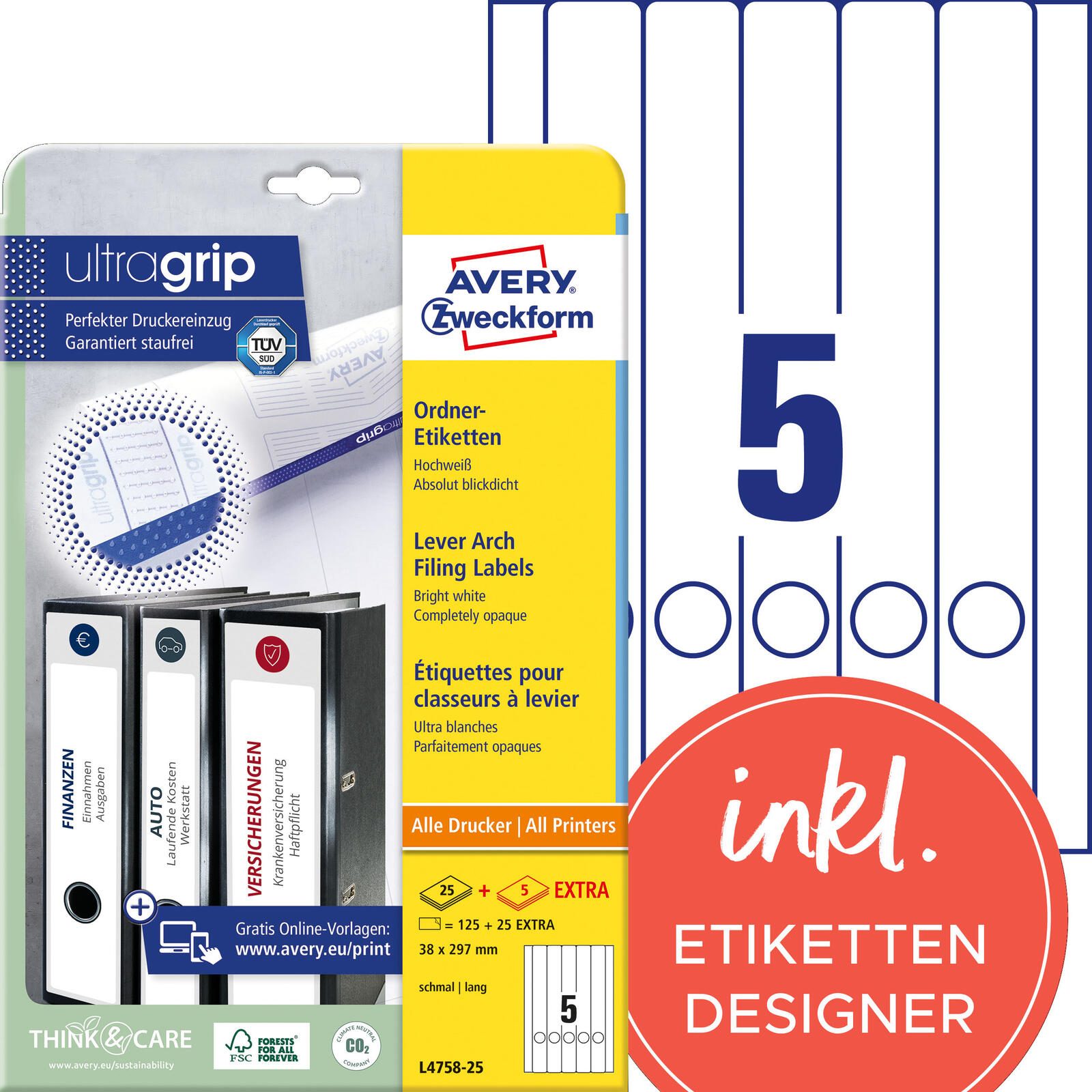 Avery Zweckform Étiquette pour classeur L4758-25 38x297mm blanc 150 pièces/paquet — lot de 150