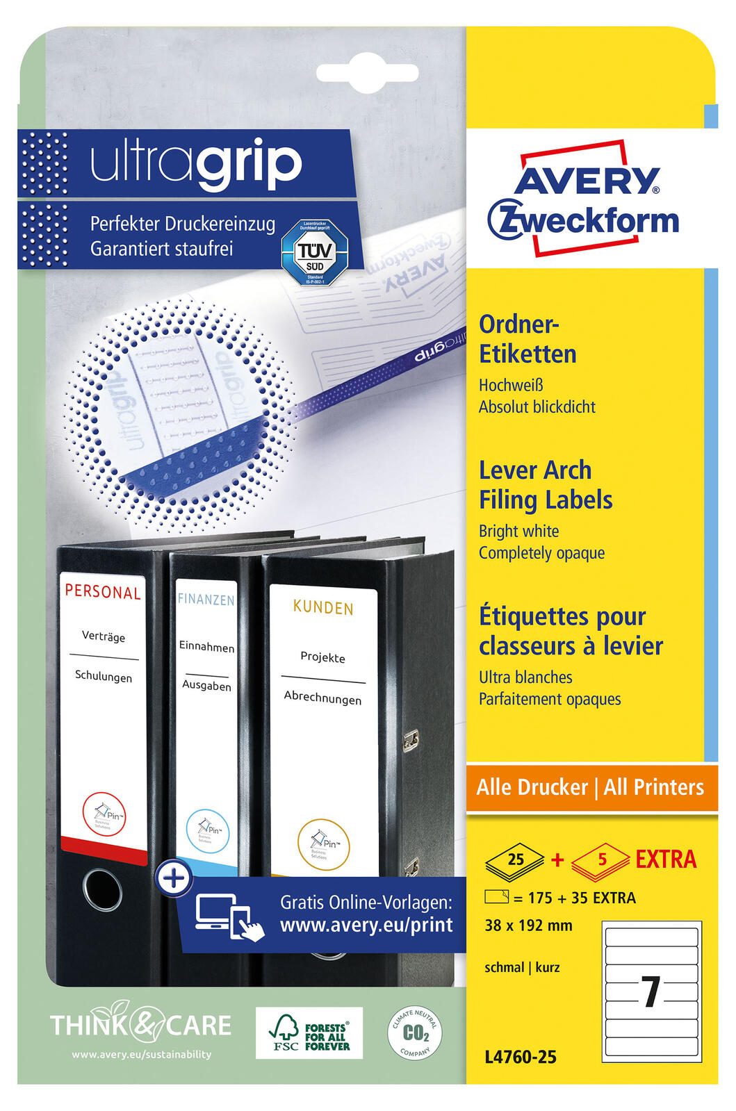 Étiquettes pour classeurs Avery Zweckform L4760-25 38x192 mm, blanc, 210 étiquettes/pack.