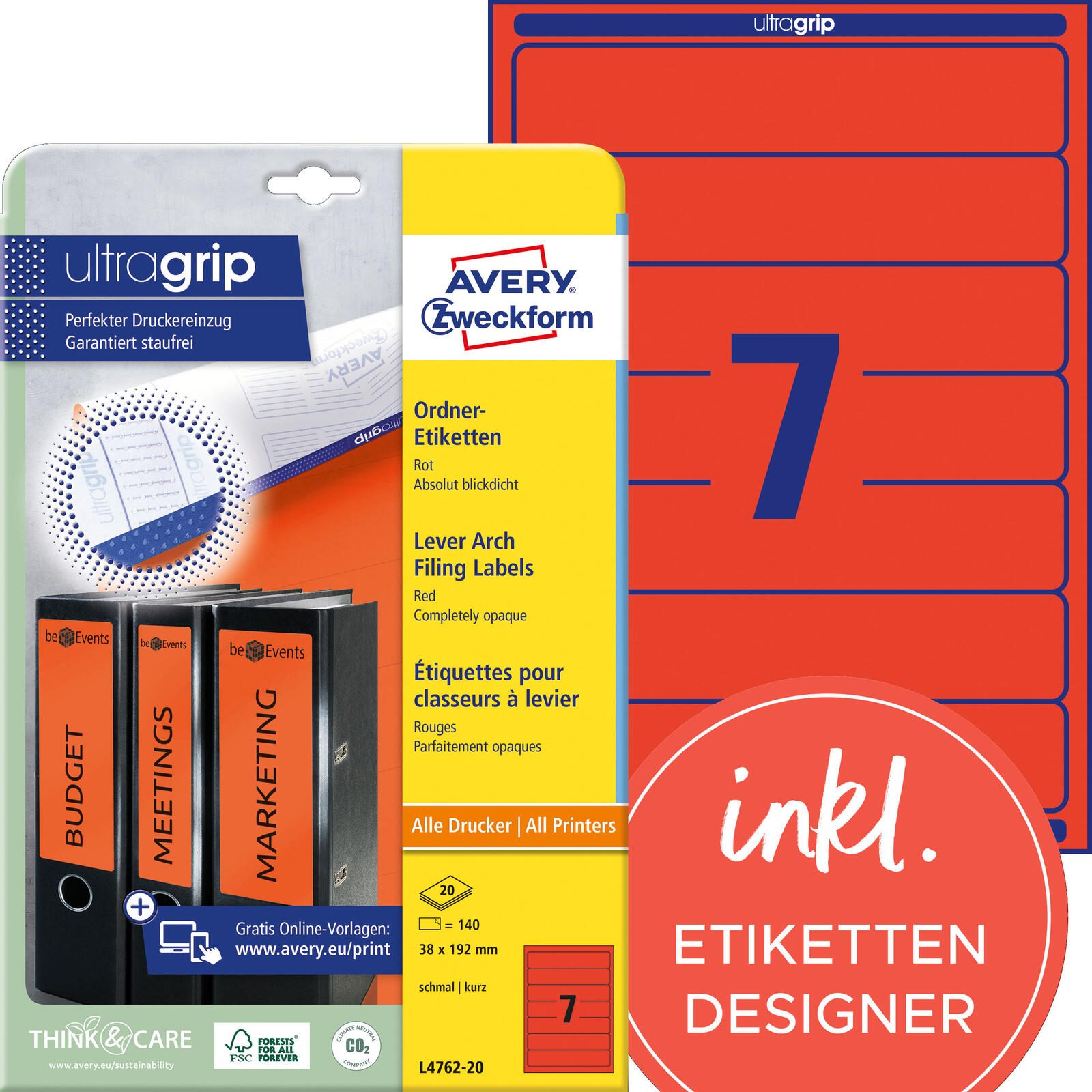 Étiquettes pour classeurs Avery Zweckform L4762-20 38x192 mm, rouge, 140 étiquettes/pack.