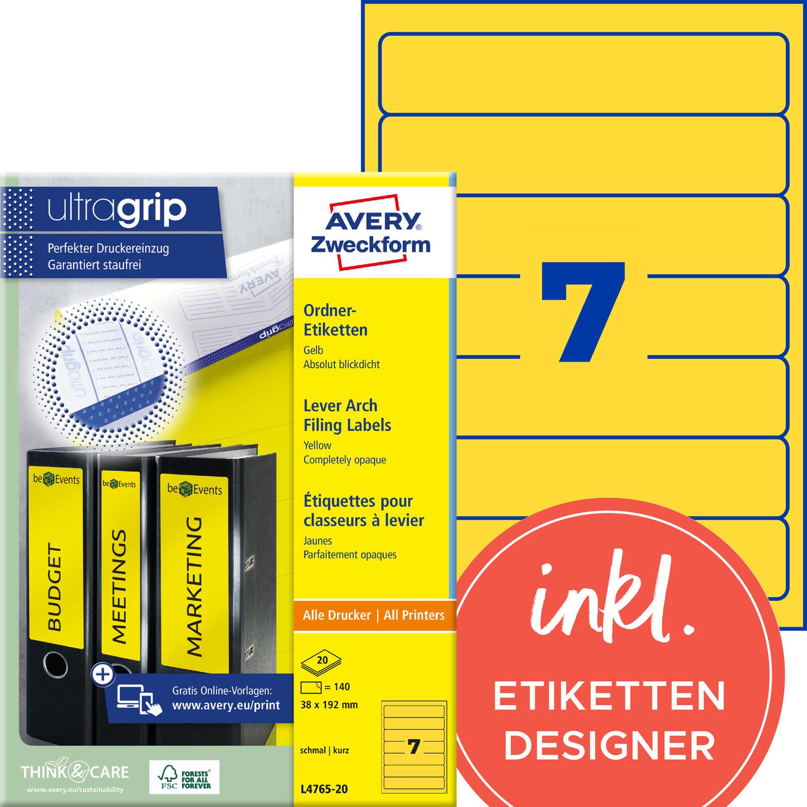 Étiquette pour classeur Avery Zweckform L4765-20 38x192 mm 140 pièces/paquet — lot de 140
