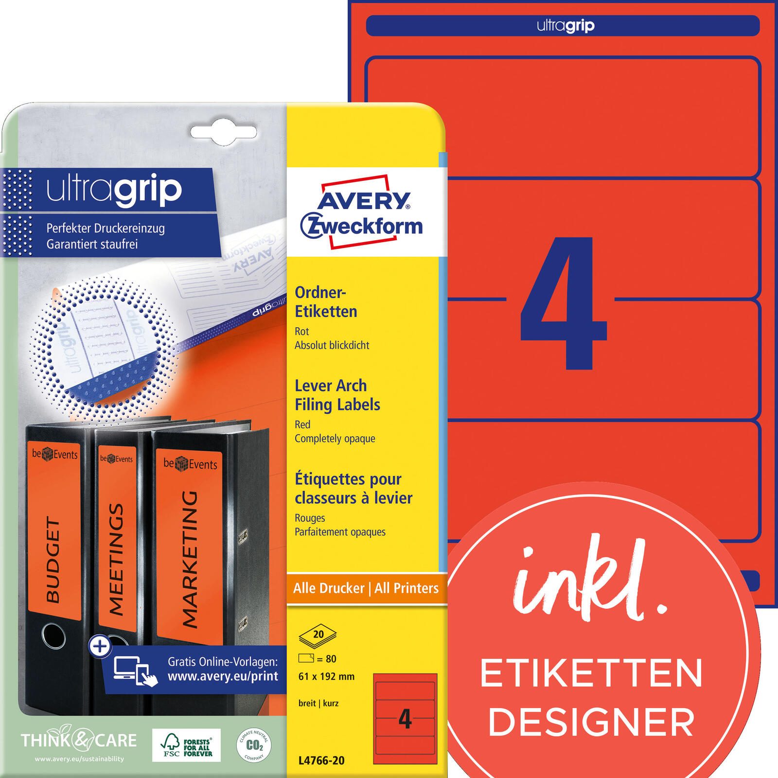 Étiquette pour classeur Avery Zweckform L4766-20 61x192 mm rouge 80 étiquettes/pack