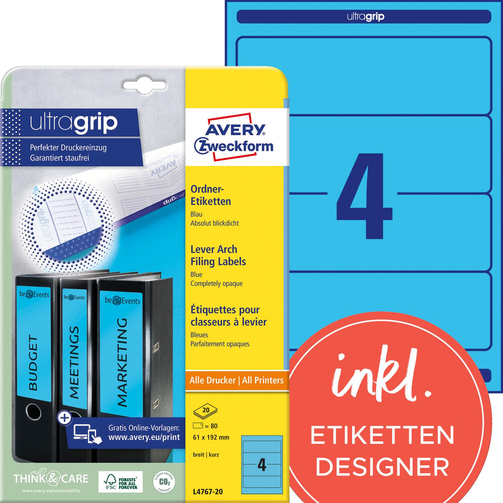 Étiquette pour classeur Avery Zweckform L4767-20 61x192mm bleu 80 étiquettes/paquet