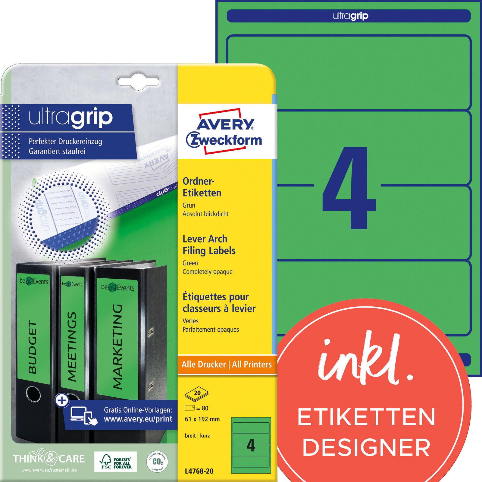 Étiquette pour classeur Avery Zweckform L4768-20 61x192 mm vert, 80 étiquettes/paquet