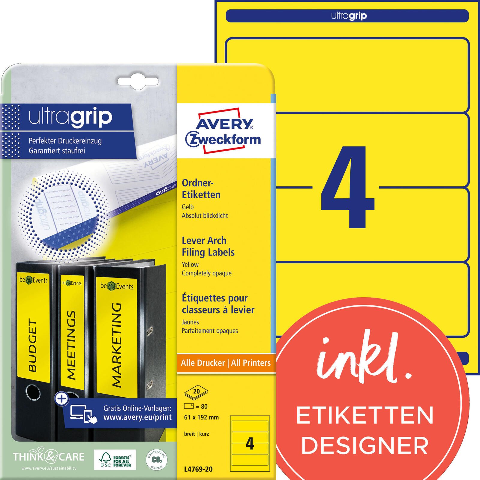 Étiquette pour classeur Avery Zweckform L4769-20 61x192mm jaune 80 étiquettes/paquet