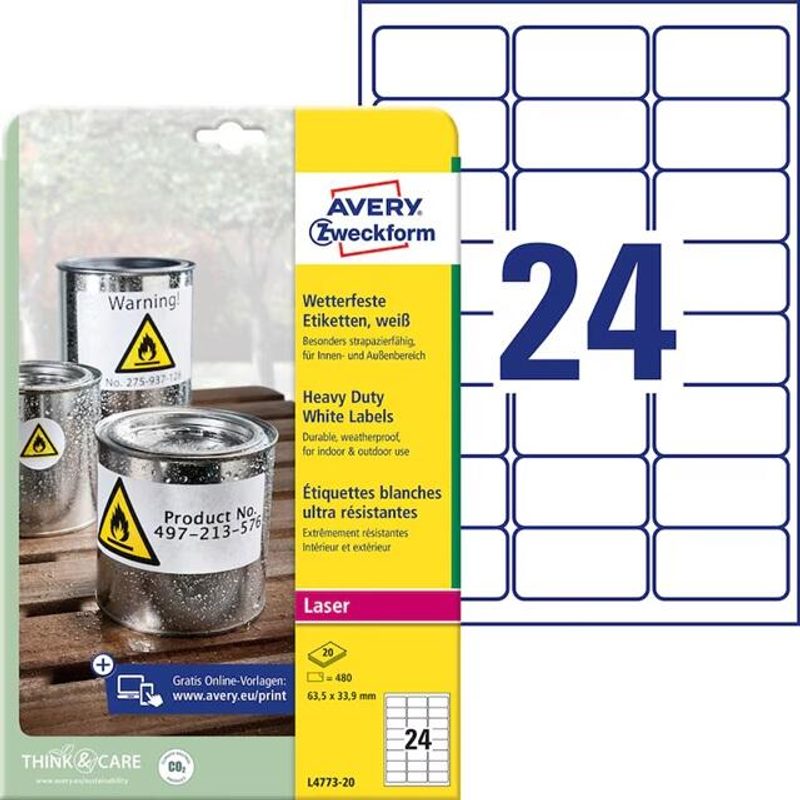 Étiquettes adhésives Avery Zweckform L4773-20 63,5x33,9mm 480 étiquettes/pack.