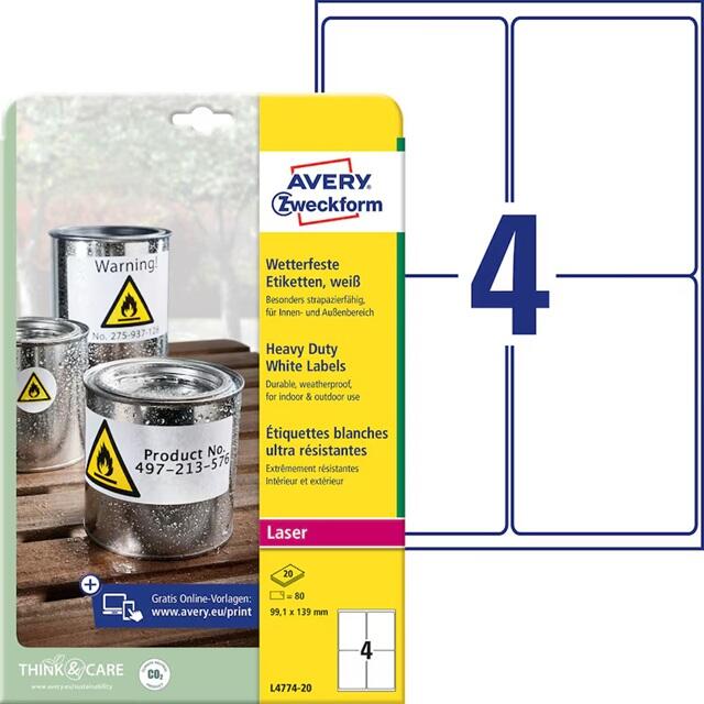 Étiquette adhésive Avery Zweckform L4774-20 99,1x139 mm - 80 étiquettes/paquet