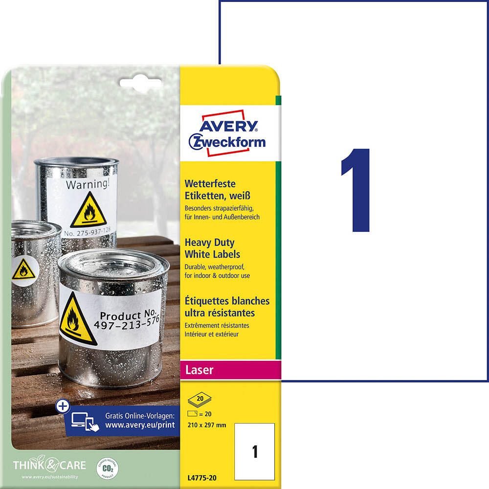 Étiquette en film Avery Zweckform L4775-20 210x297mm 20 étiquettes/paquet