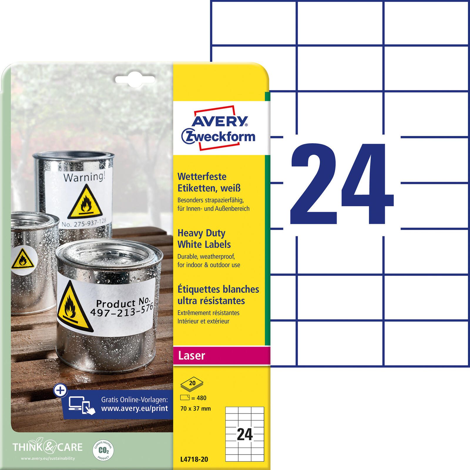 Avery Zweckform Étiquette L4718-20 70x37mm ws 480 pièces/boîte — lot de 480