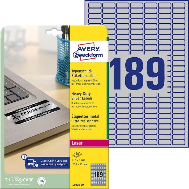 Étiquette de plaque signalétique Avery Zweckform L6008-20 25,4x10mm 3 780 pièces/paquet — lot de 780