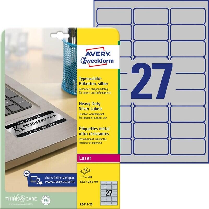 Étiquette de plaque signalétique Avery Zweckform L6011-20 63,5 x 29,6 mm - 540 étiquettes/paquet
