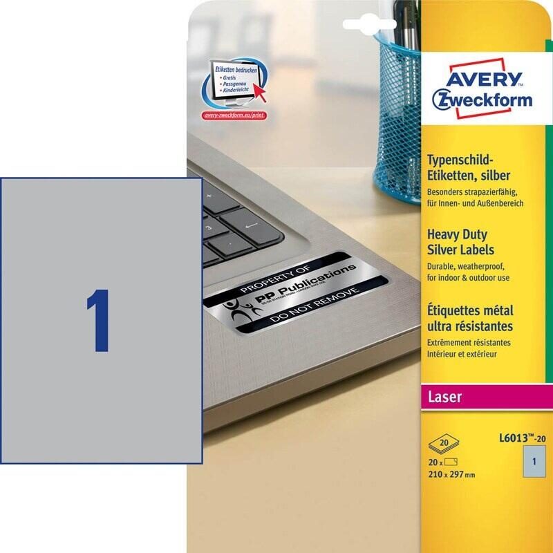 Avery Zweckform étiquette de plaque signalétique L6013-20 210x297mm 20 étiquettes/boîte