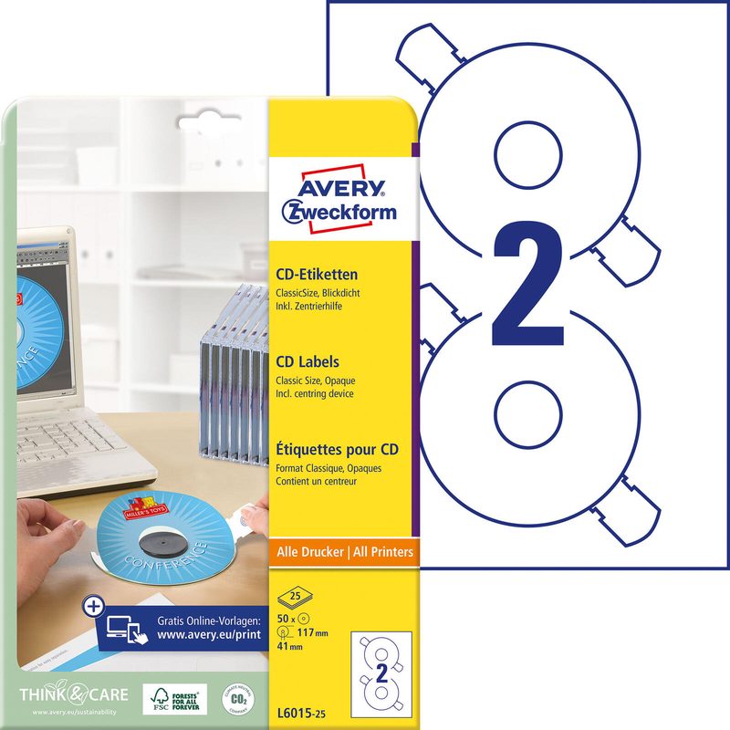 Étiquette CD/DVD Avery Zweckform L6015-25 blanc mat 50 étiquettes/paquet