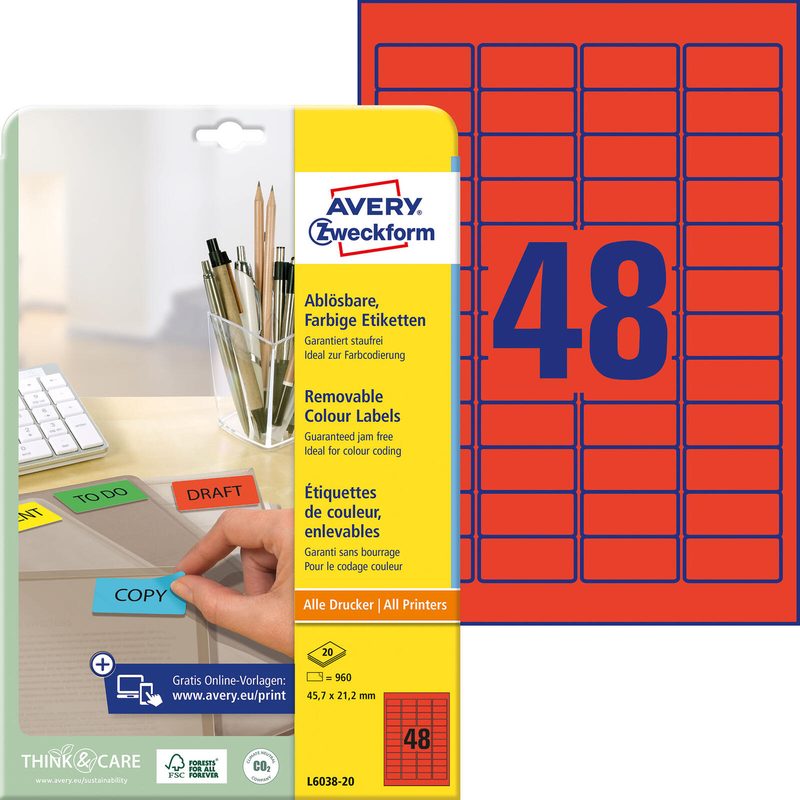 Étiquette Avery Zweckform L6038-20 45,7 x 21,2 mm rouge 960 étiquettes/paquet
