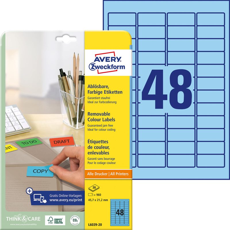 Avery Zweckform étiquette L6039-20 45,7x21,2mm bleu 960 étiquettes/boîte